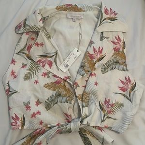 Tropical tie linen blend crop top with collar